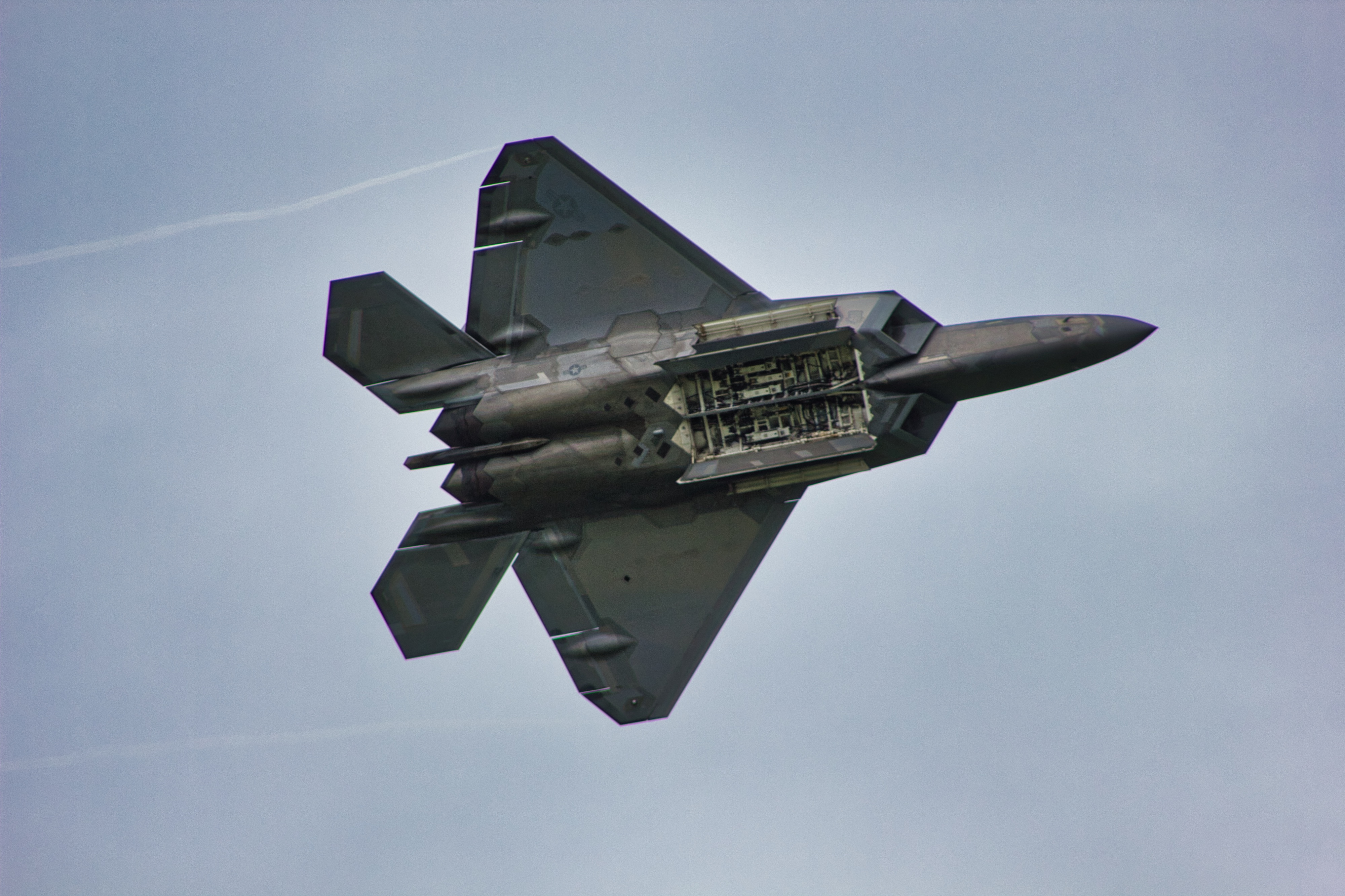 Bottom of USAF F-22 Raptor with weapon bay open